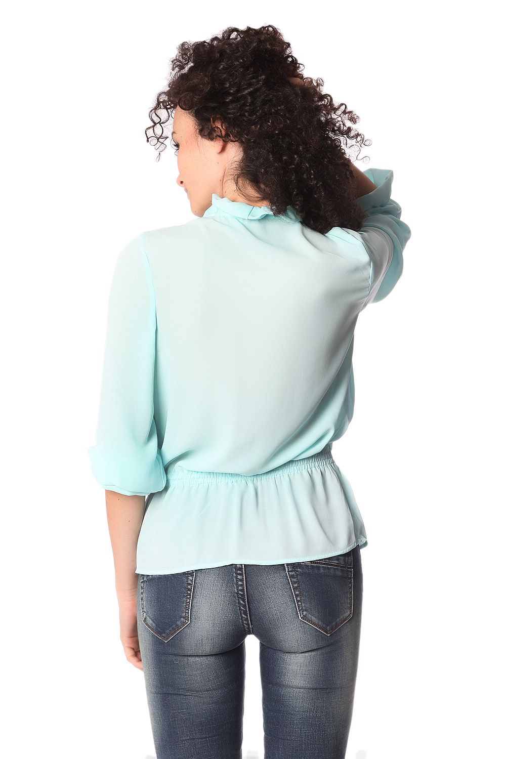 Q2 Blusa con cuello con volantes y lazada fina turquesa