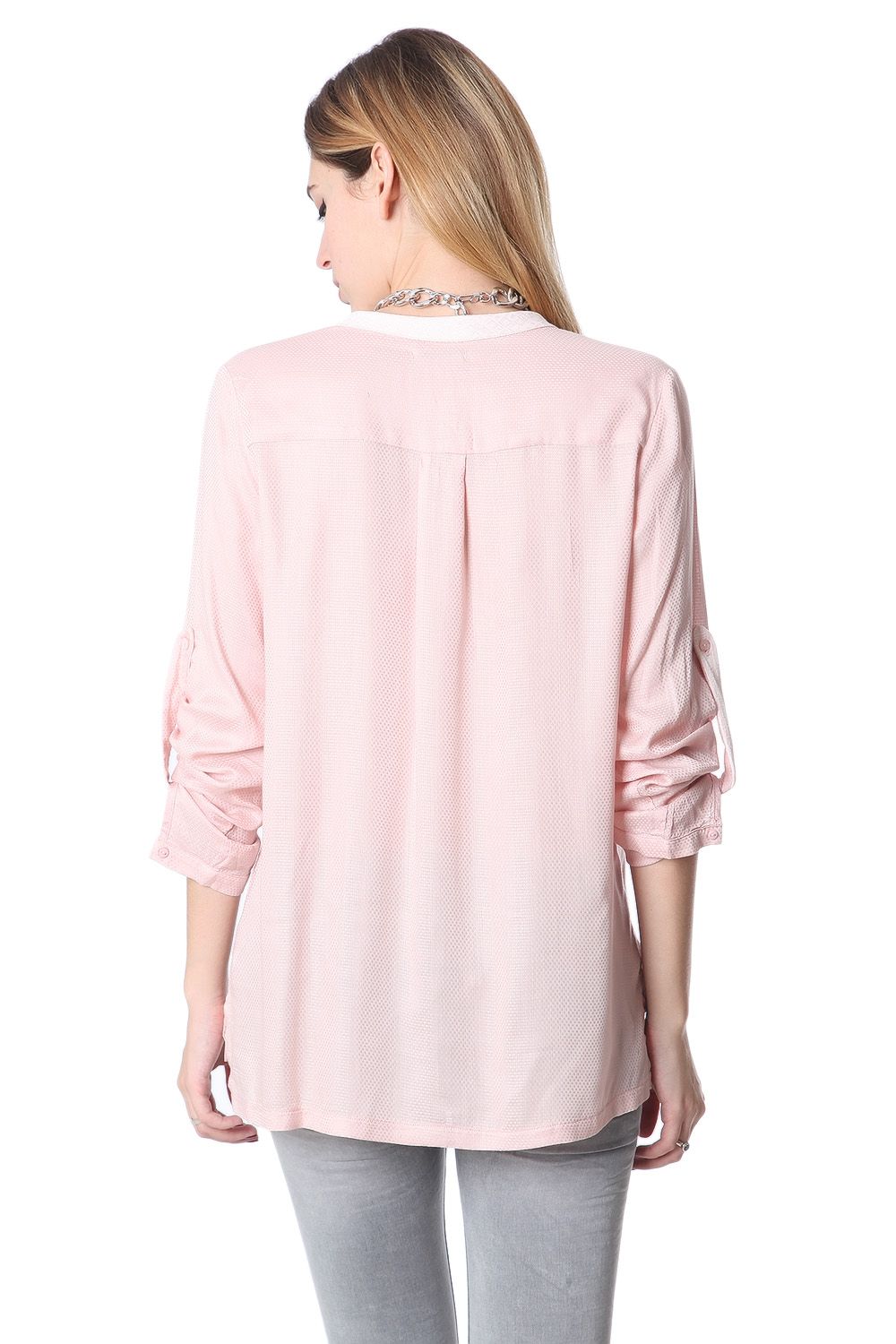 Q2 Blusa con escote de pico pronunciado y manga larga rosa