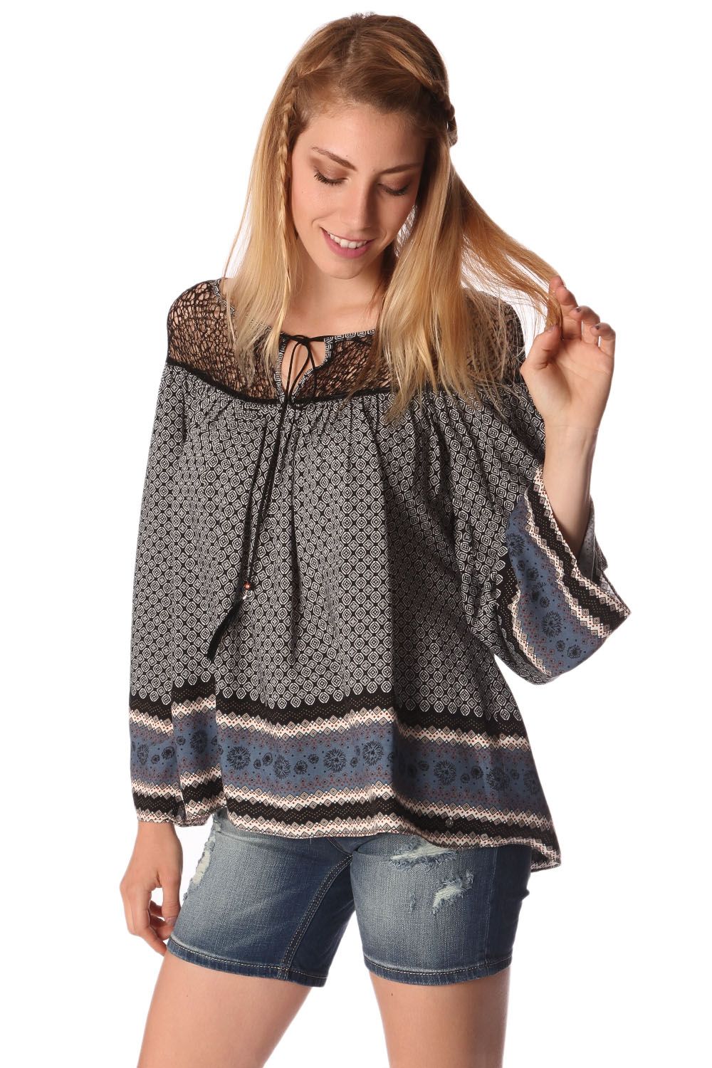 Q2 Blusa con estampado de cachemir y detalle de rejilla gris