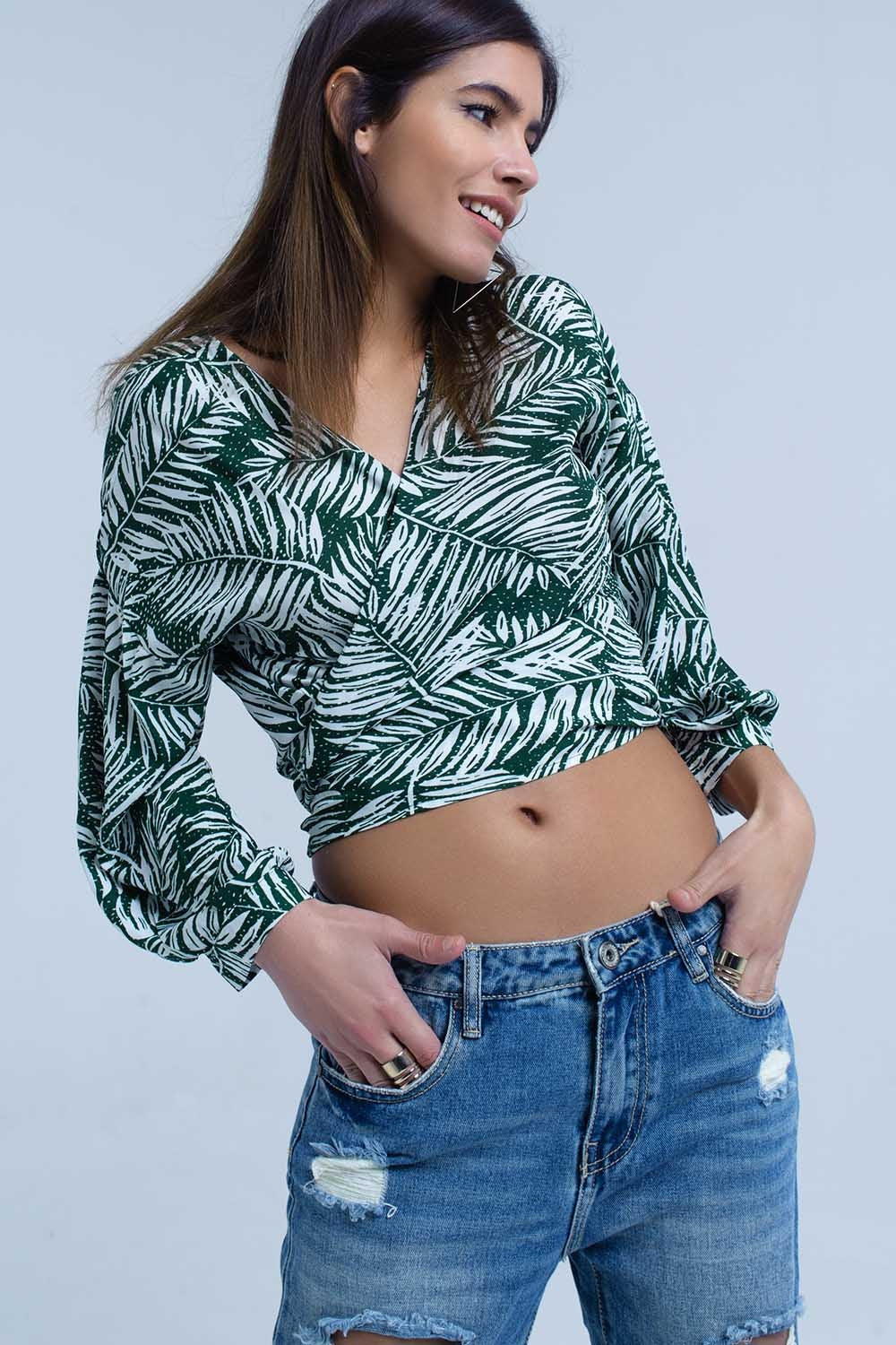 Q2 Blusa con estampado de hojas verde y escote pronunciado