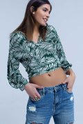 Q2 Blusa con estampado de hojas verde y escote pronunciado