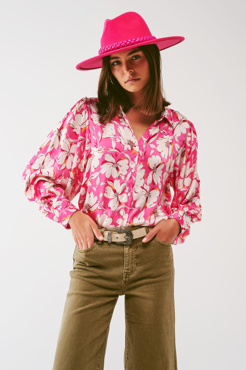 Q2 Blusa de gasa floral con mangas de volumen en rosa