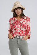 Q2 Blusa relajada roja con estampado floral y mangas de campana