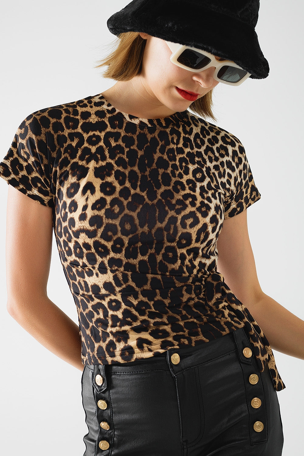 Q2 Camiseta de Spandex con estampado de leopardo y detalle de lazo