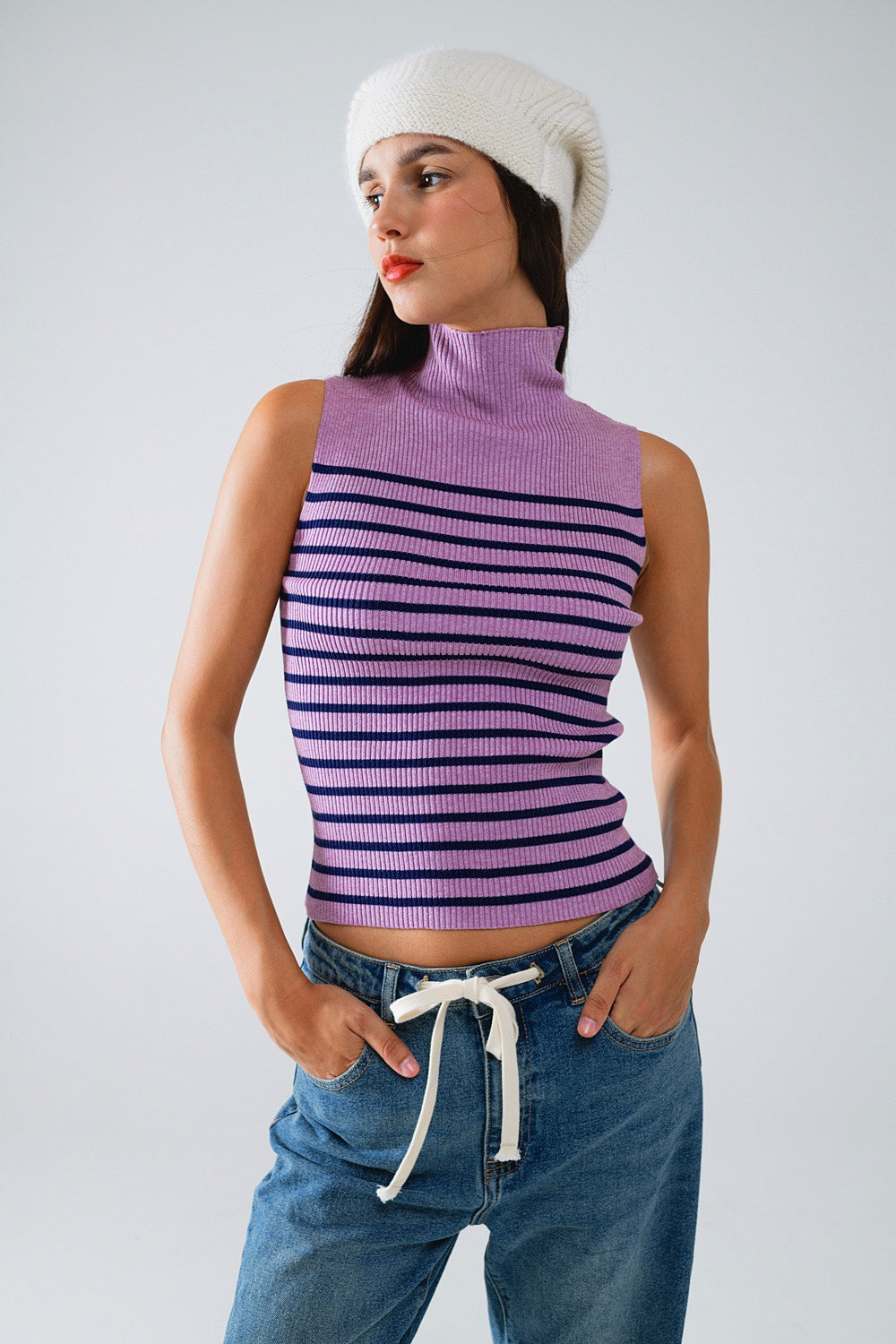 Q2 Camiseta De Tirantes Con Cuello De Tortuga A Rayas En Lavander