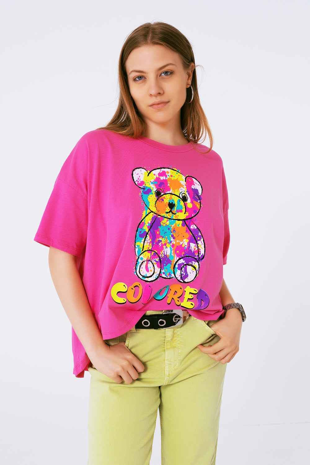 Q2 camiseta fuxia holgada con osito coloreado