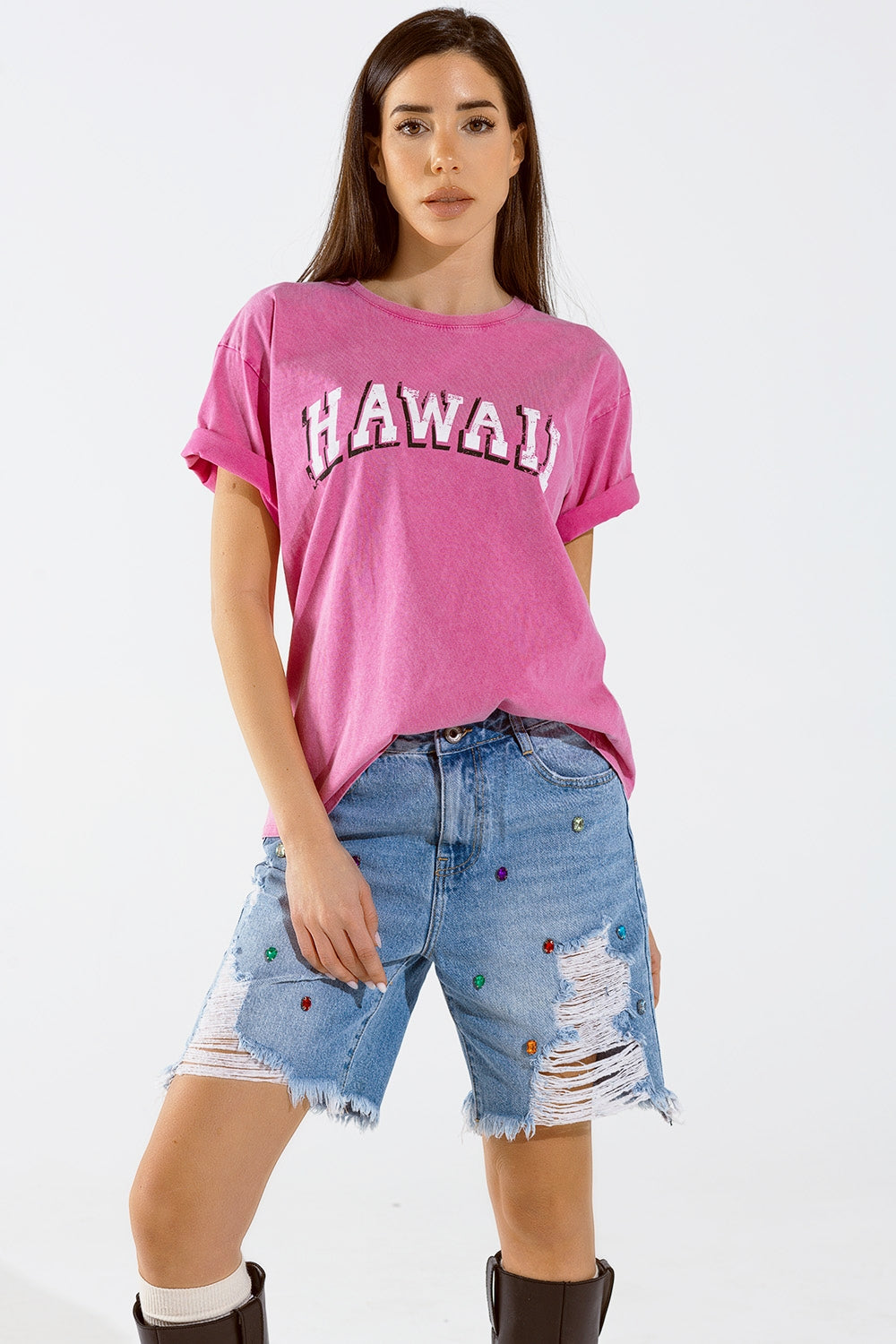 Q2 Camiseta Hawaii Efecto Lavado En Fuschia