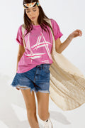 Q2 Camiseta oversize fucsia estampada LA Los Angeles en blanco y fucsia