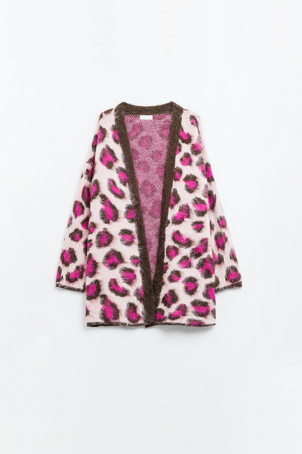 Q2 Cárdigan rosa con estampado de leopardo y lana