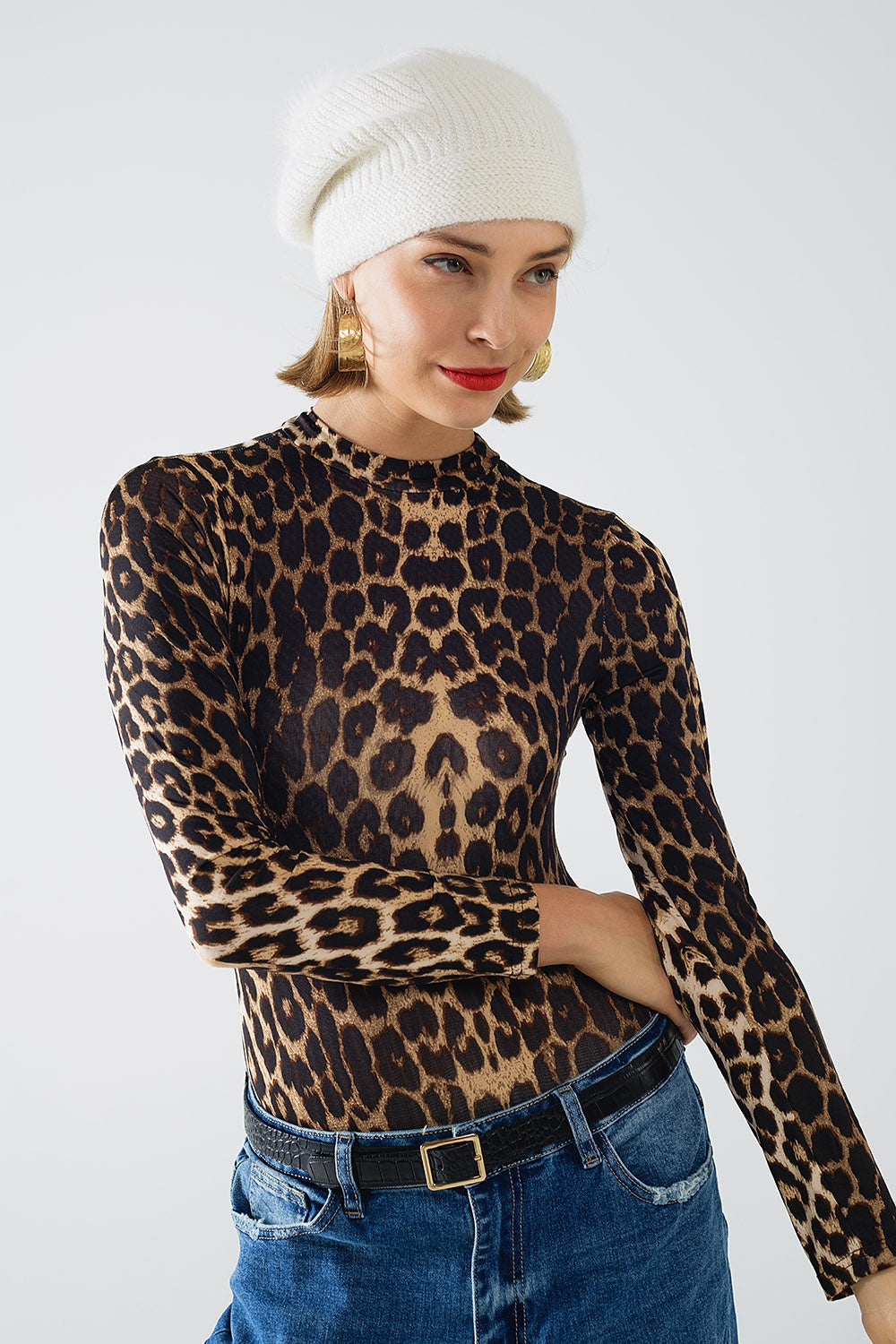 Q2 Cuerpo de Spandex con estampado de leopardo y manga larga