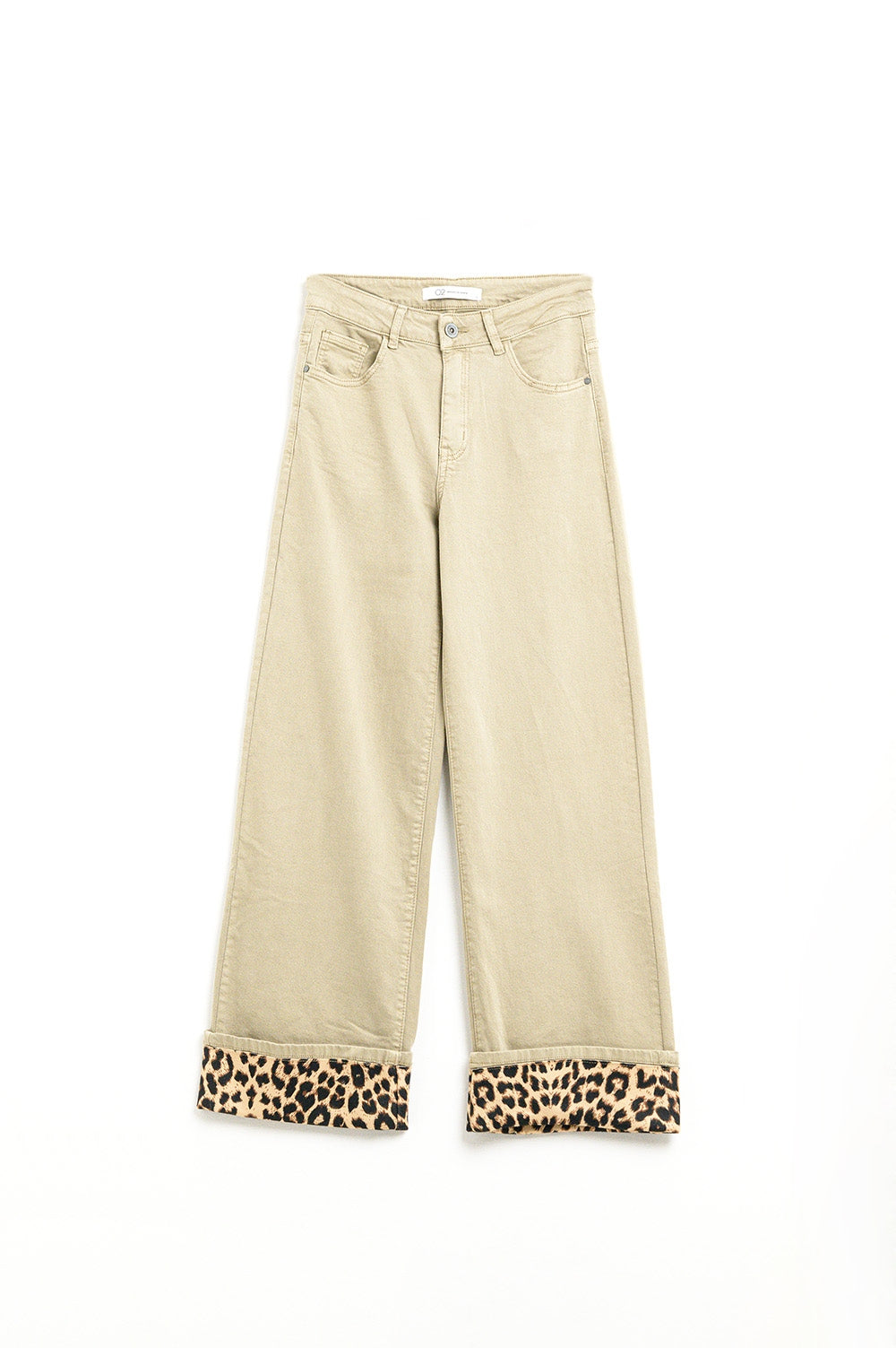 Q2 Pantalón beige de pata ancha con estampado de leopardo en el bajo