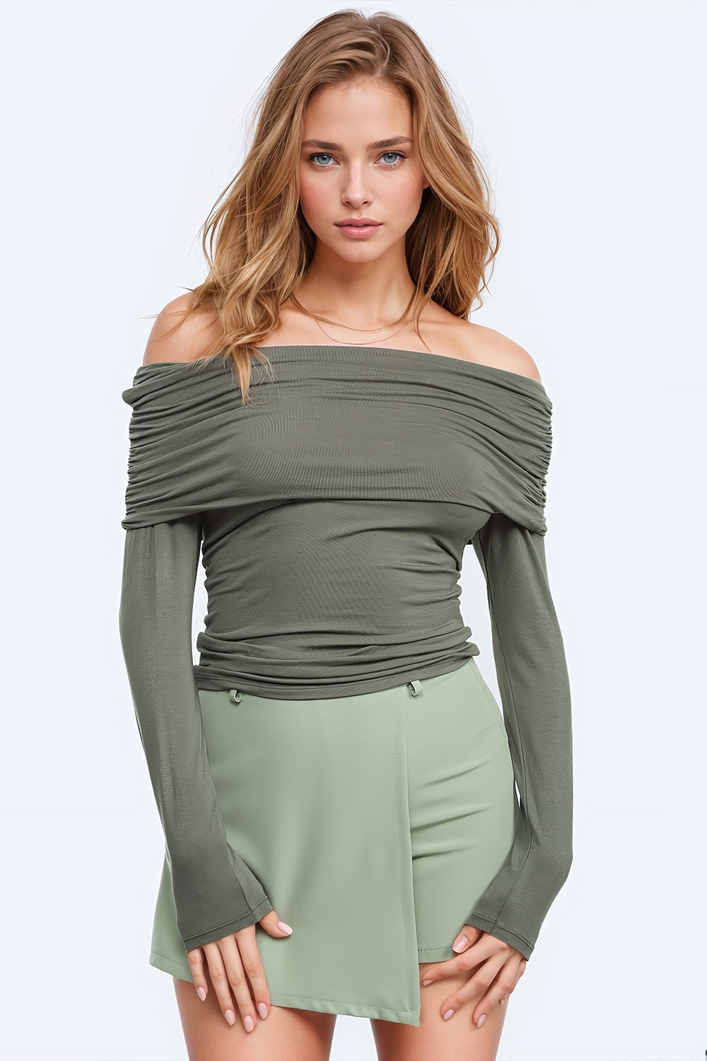 Q2 Top sin hombros Bodycon Verde khaki