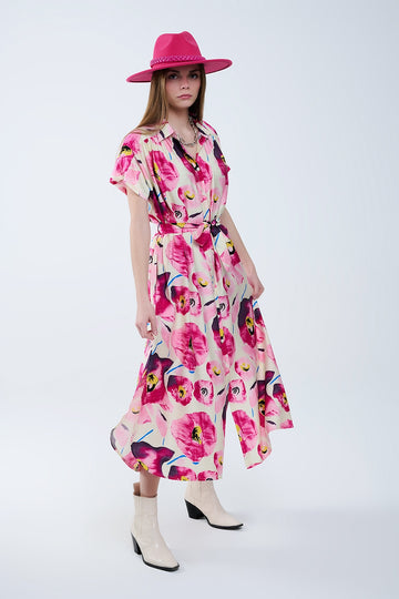 Q2 Vestido camisero abotonado con estampado floral en fucsia