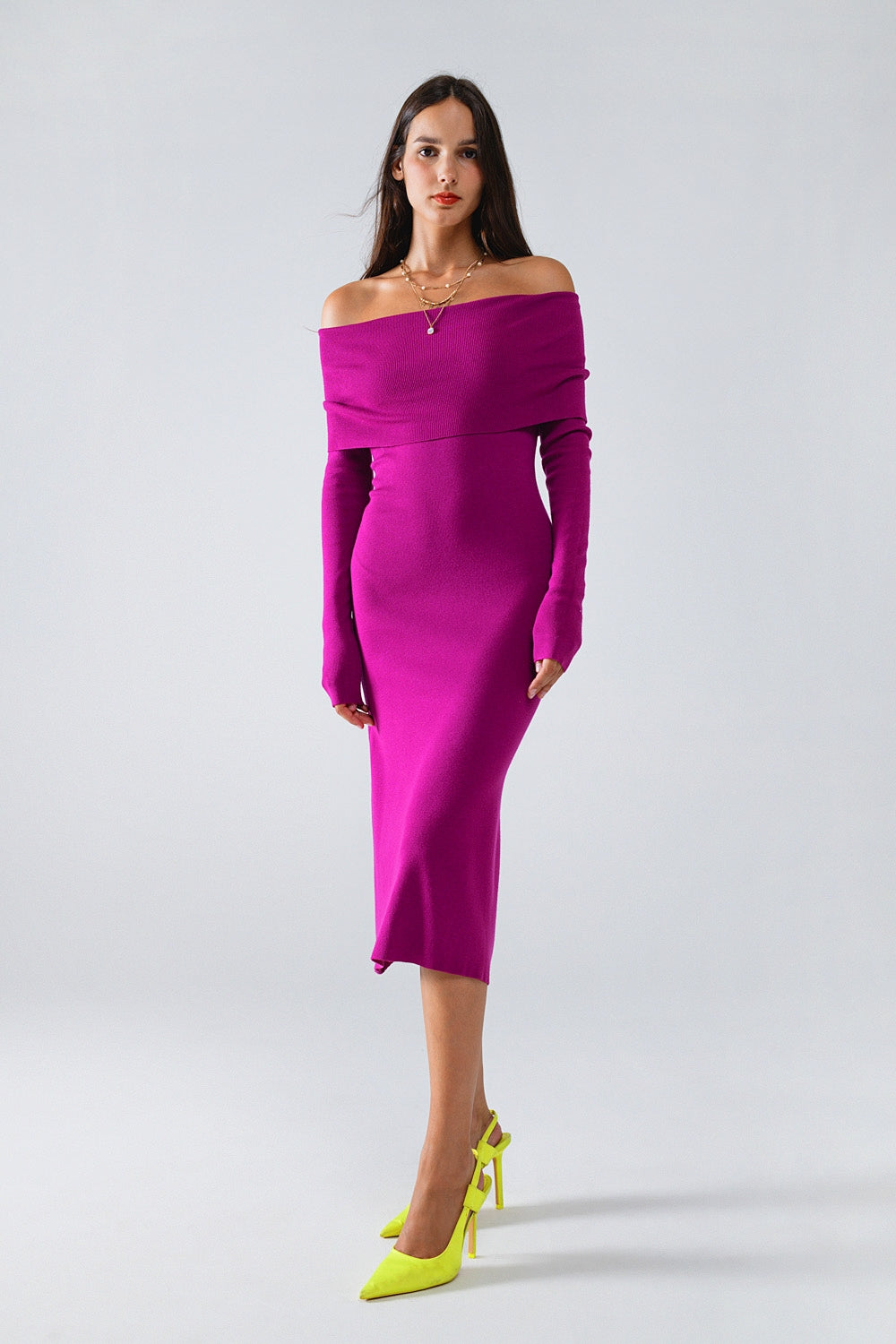 Q2 Vestido Midi de Punto Folover Badot en Magenta